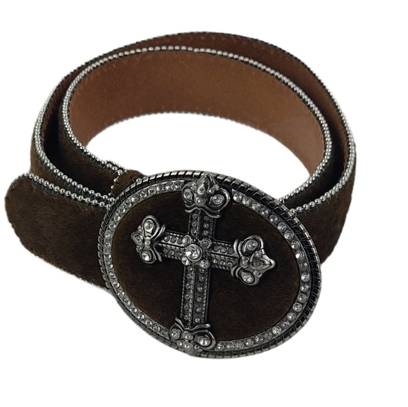 Calf Hair Belt‎ Rhinestone Cross Buckle Belt Large - Picture 2 of 4